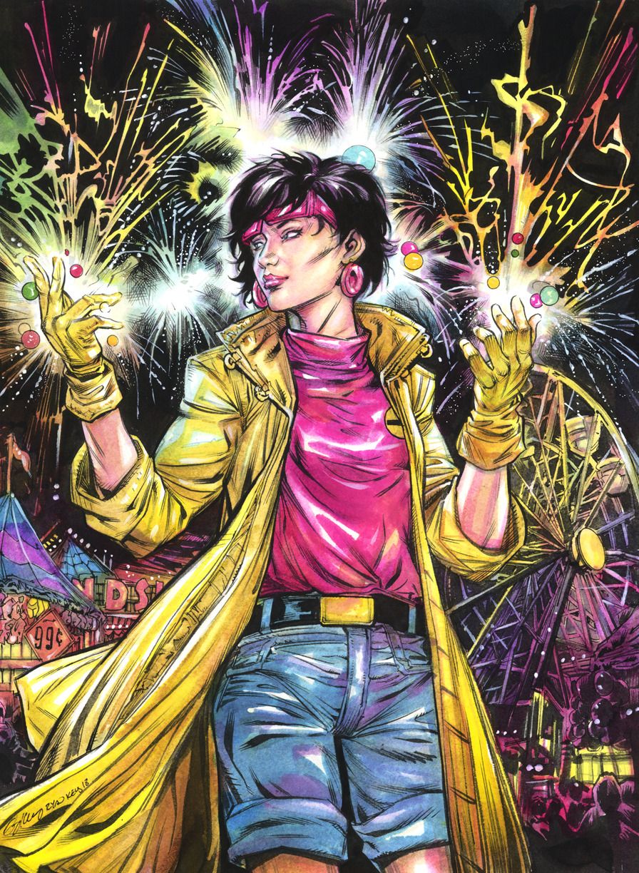 Jubilee with her fireworks powers, comic art