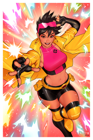 Jubilee in her yellow coat and pink sunglasses using her fireworks