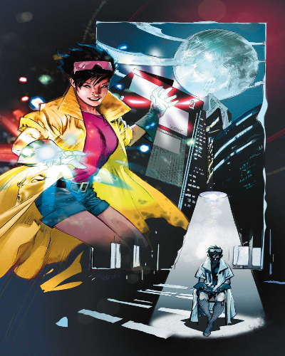 Jubilee in her yellow coat with energy glowing in her hand, Wolverine seated below