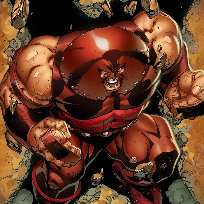 Juggernaut charging through rubble in his crimson helmet and armour