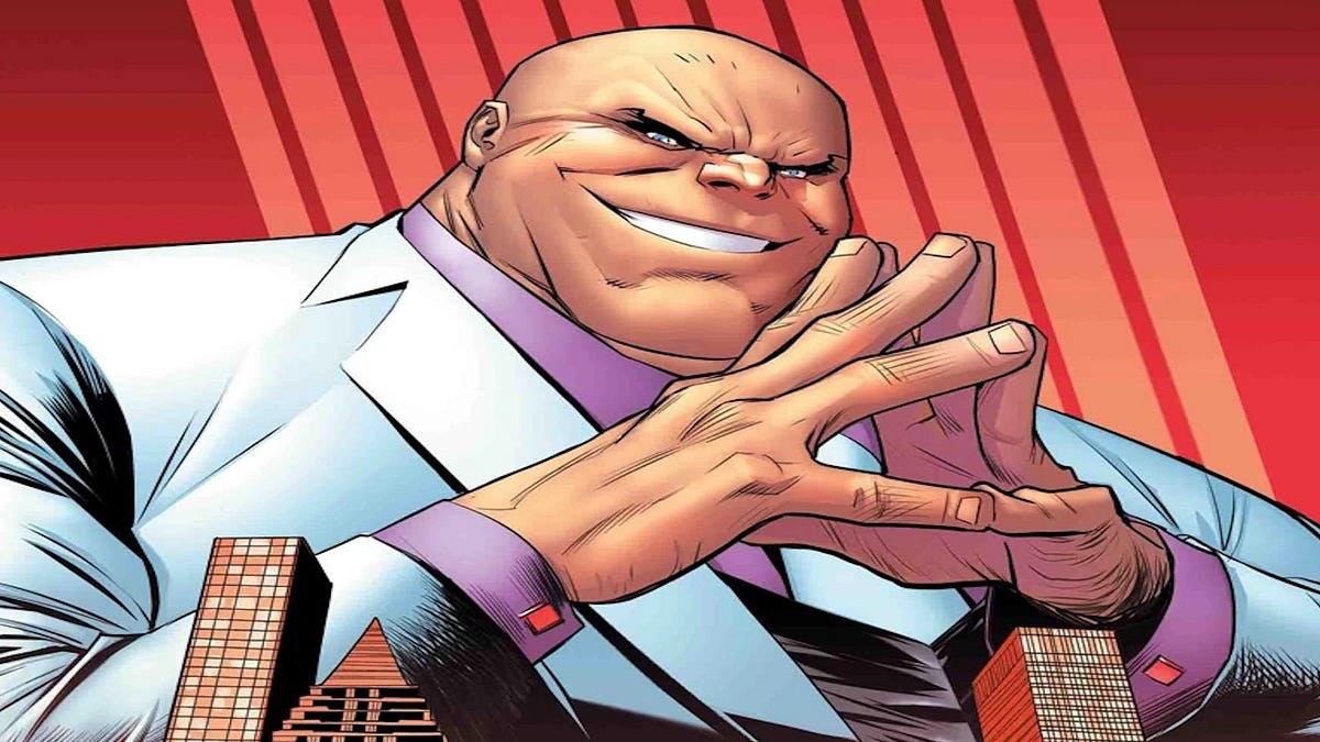 Kingpin grinning in his white suit over a city skyline