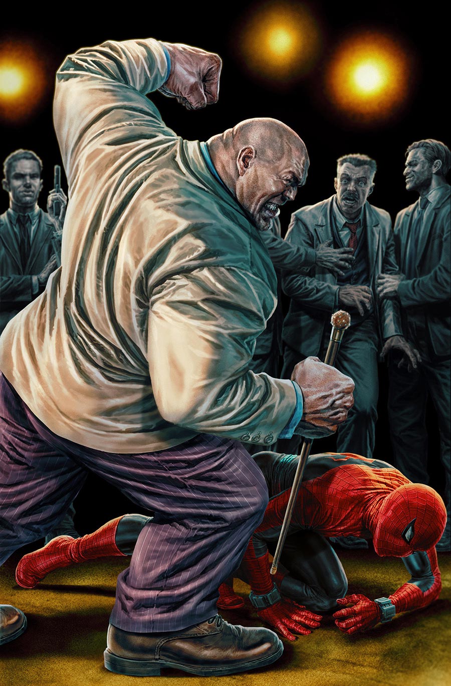 Comic cover: Kingpin holding a webbed Spider-Man