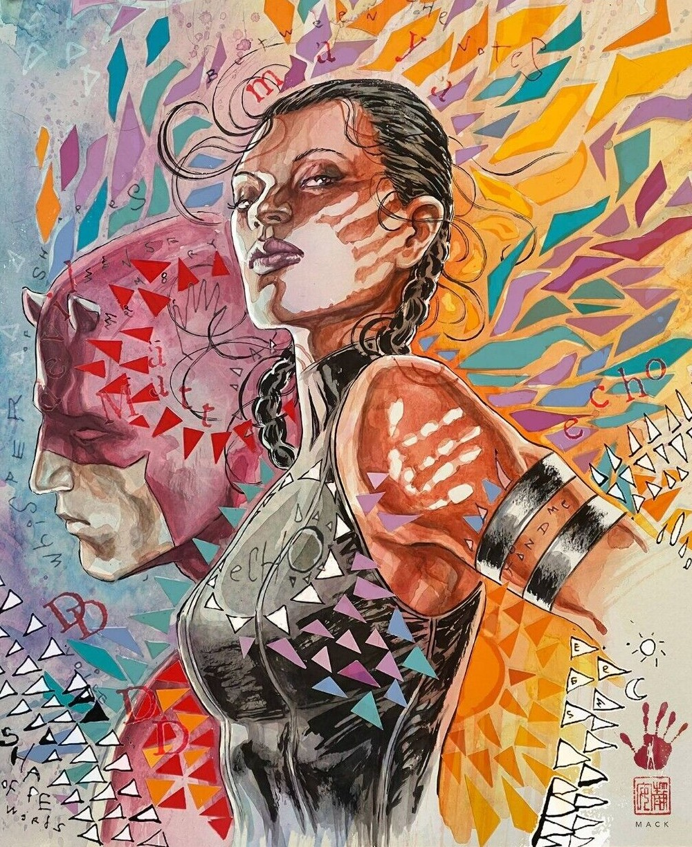 David Mack cover art: Echo with her handprint markings, Daredevil's masked face behind her