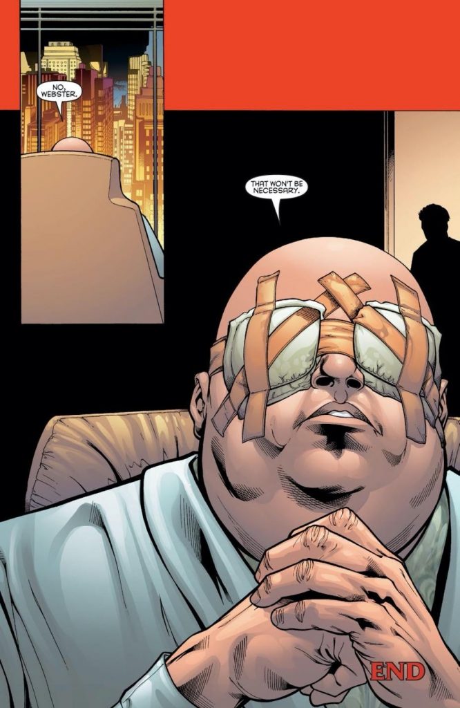Comic panel: the blinded Kingpin with both eyes bandaged and taped after being shot