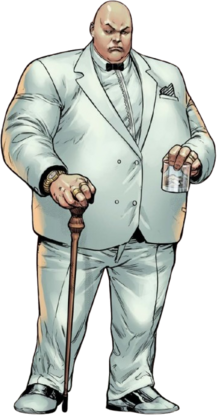 Kingpin standing full-length in his white suit holding his cane