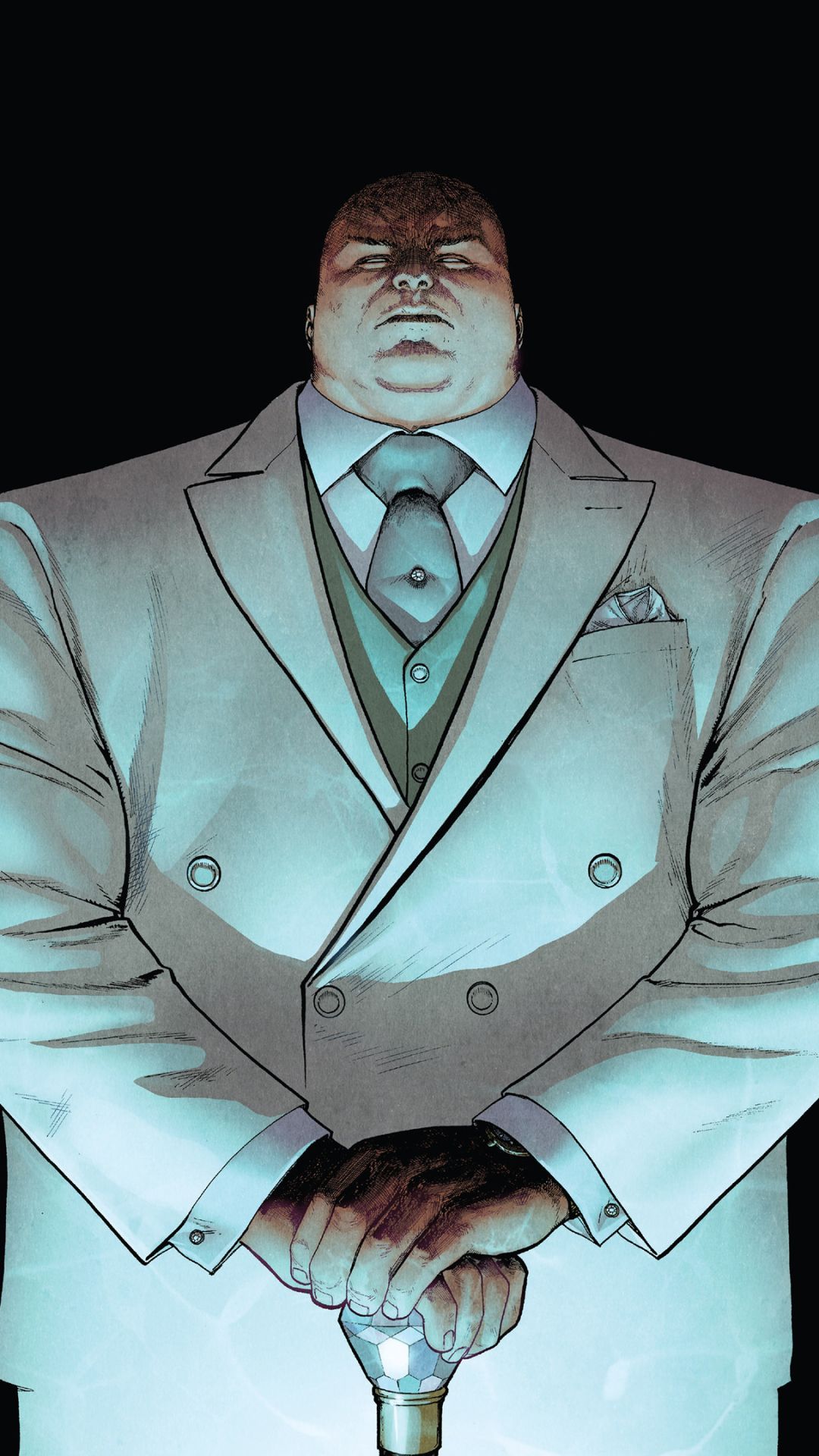 Kingpin in his pale suit leaning on his diamond-topped cane