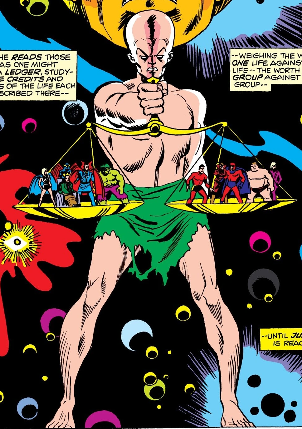 Comic panel from Defenders #16: Alpha the Ultimate Mutant weighing the Defenders against Magneto's Brotherhood on giant scales