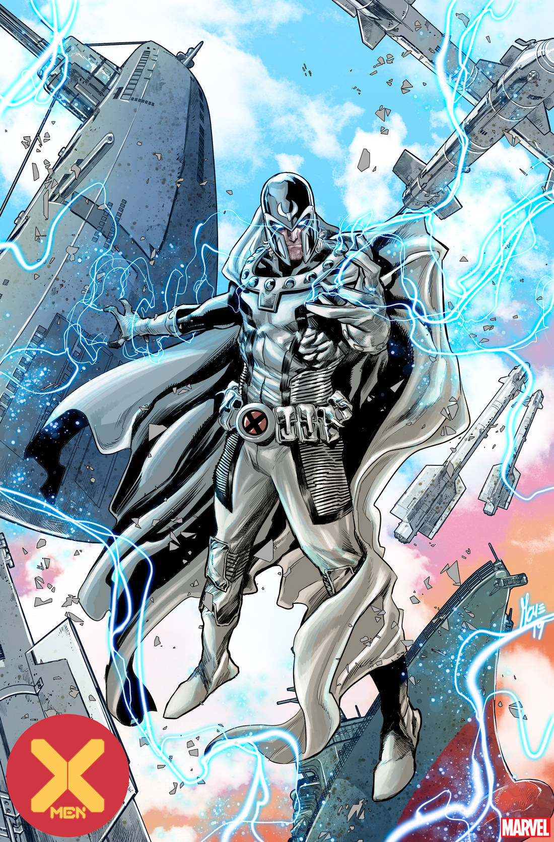 Official Marvel X-Men #1 variant cover art by Marco Checchetto (2019): Magneto in white costume wielding magnetic energy