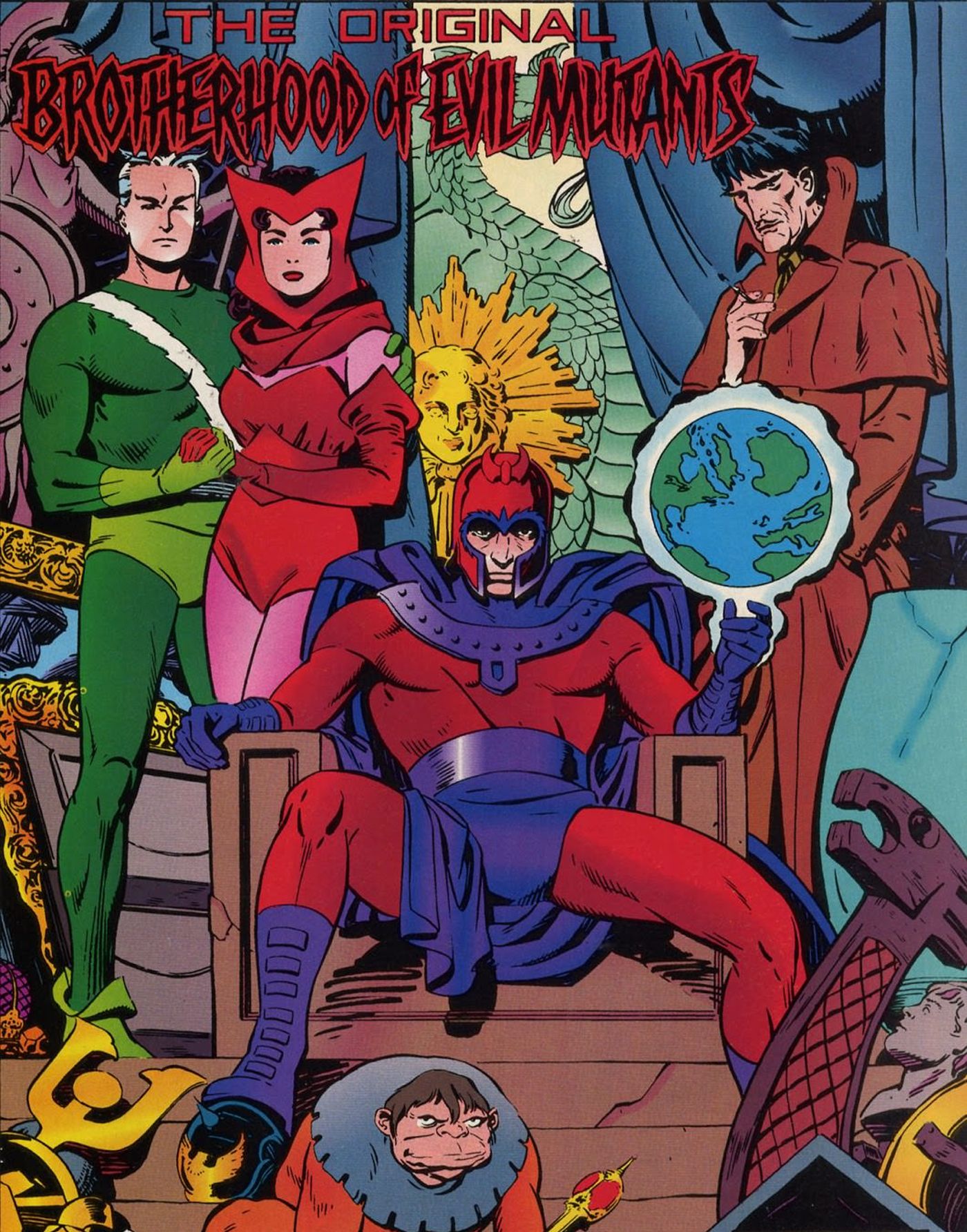The original Brotherhood of Evil Mutants: Magneto enthroned holding a globe, with Quicksilver, Scarlet Witch, Mastermind, and Toad