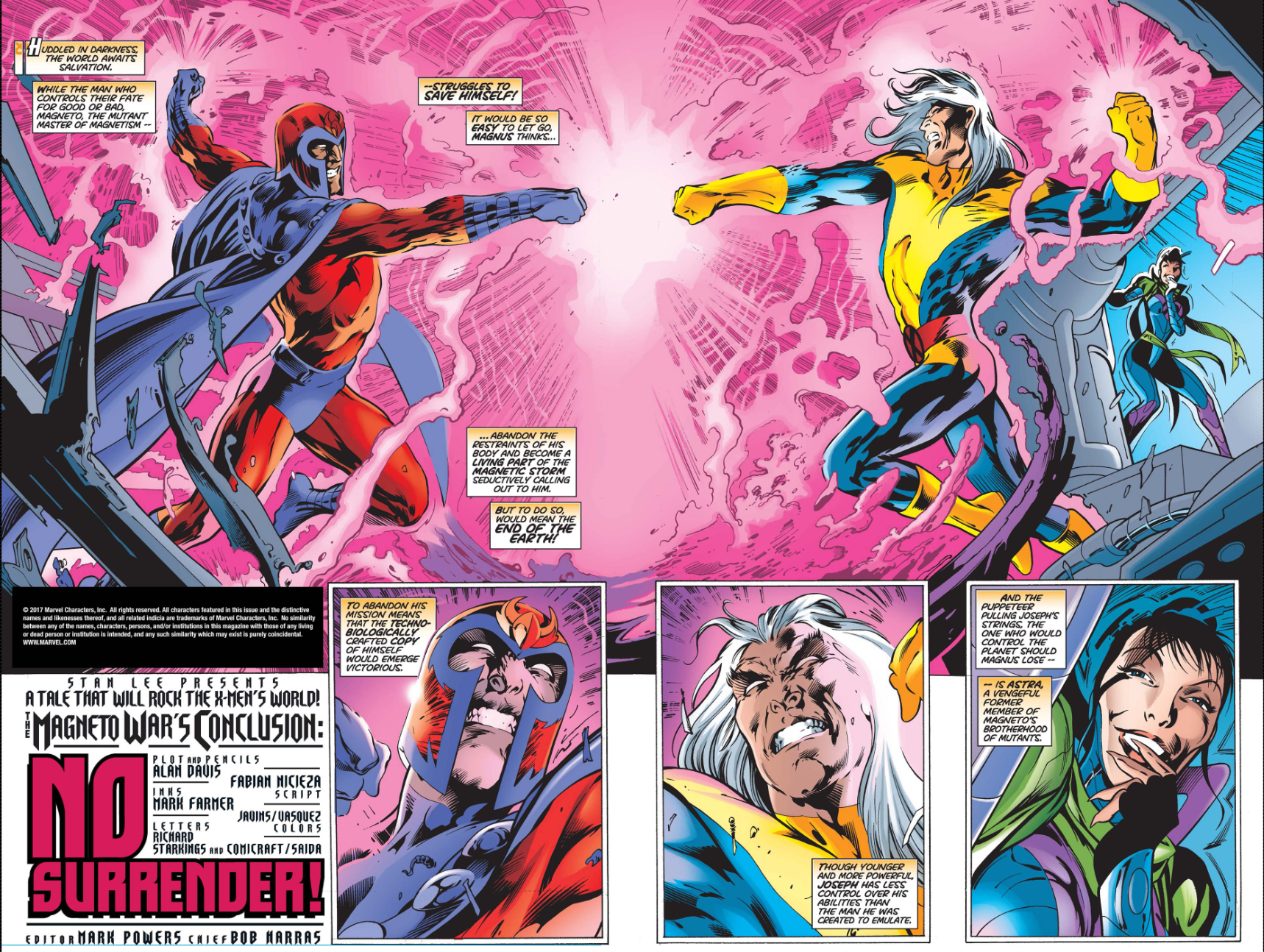 Pages from X-Men #86 (1999), 'No Surrender!': Magneto duels his clone Joseph as Astra watches from the background