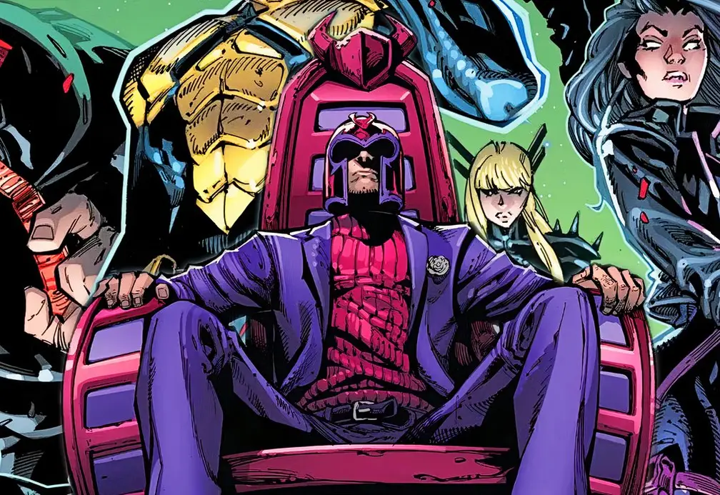 Modern comic art of Magneto seated among young mutants