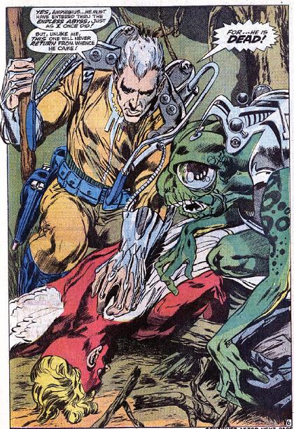 Comic panel of Magneto as the Creator, helmetless, with Amphibius over the fallen Angel