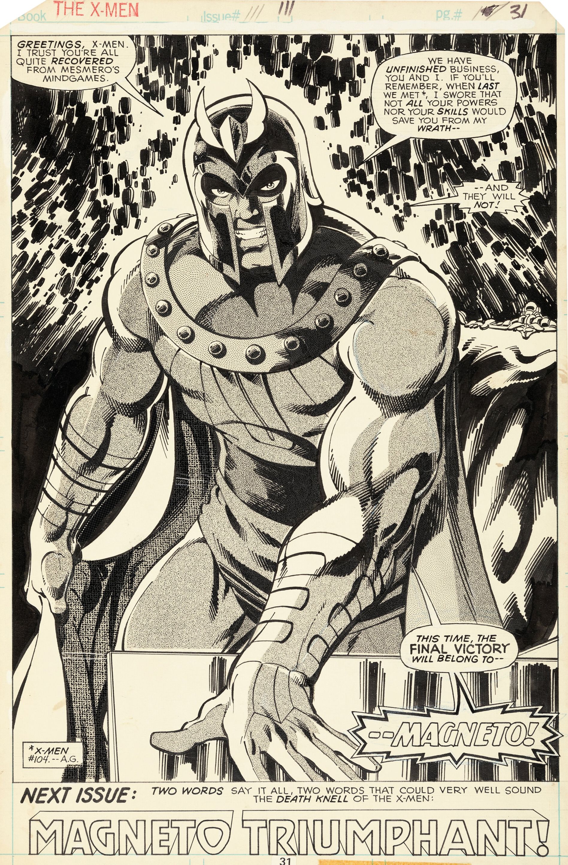Original inked splash page of Magneto from X-Men #111