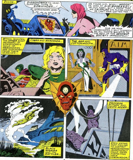 Interior panel from Captain America #313 (1986): Sidewinder dispatches the Serpent Society — Cobra, Anaconda, Asp, Cottonmouth, Black Mamba, Rattler, Princess Python, Death Adder — to hunt M.O.D.O.K.