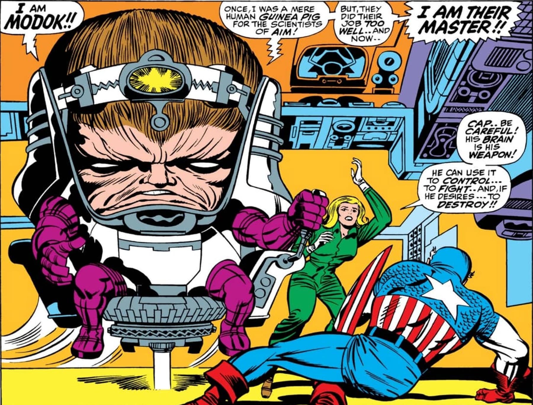 Interior panel from Tales of Suspense #94 (1967) by Jack Kirby: M.O.D.O.K. in his Doomsday Chair declaring 'I AM MODOK!! Once, I was a mere human guinea pig for the scientists of AIM!... I AM THEIR MASTER!!' as Captain America lies on the floor