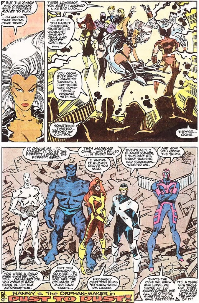 Comic page: Longshot and the X-Men discuss how Sinister damaged a young Scott Summers