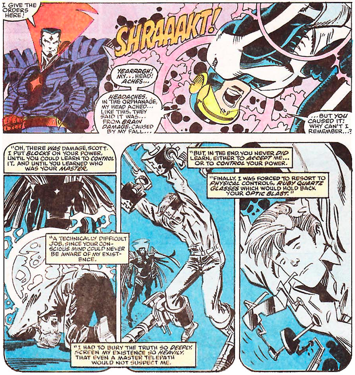 X-Factor #39 panels: Sinister tells Cyclops he blocked his powers in the orphanage and resorted to ruby quartz glasses
