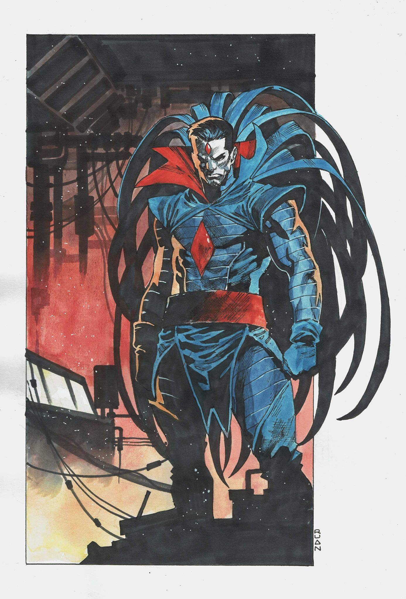 Mister Sinister comic art portrait with red diamond and tattered cape