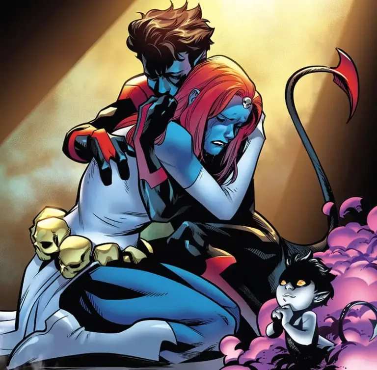 Interior panel from X-Men Blue: Origins #1: Mystique cradling Nightcrawler after their reconciliation