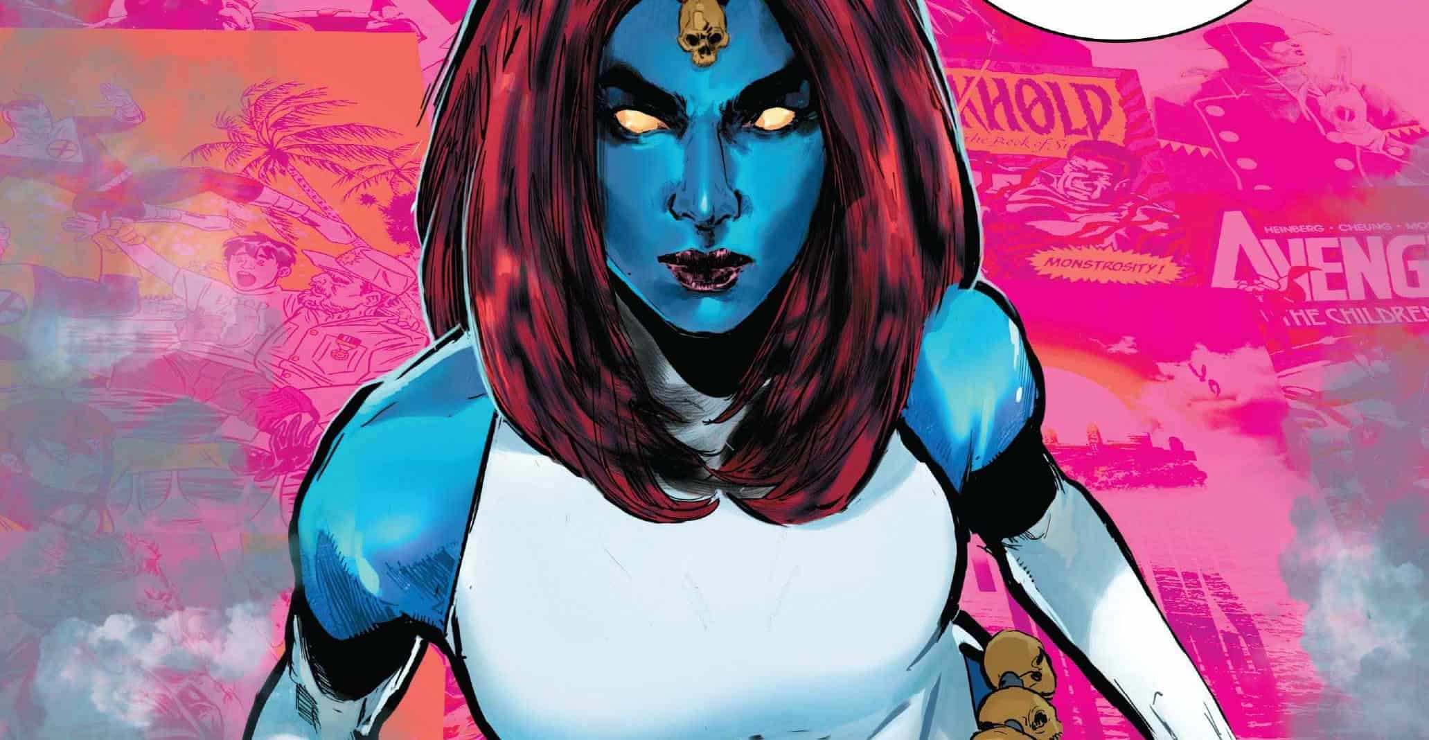 Mystique solo comic art: blue-skinned, red-haired Mystique in white and blue facing the reader