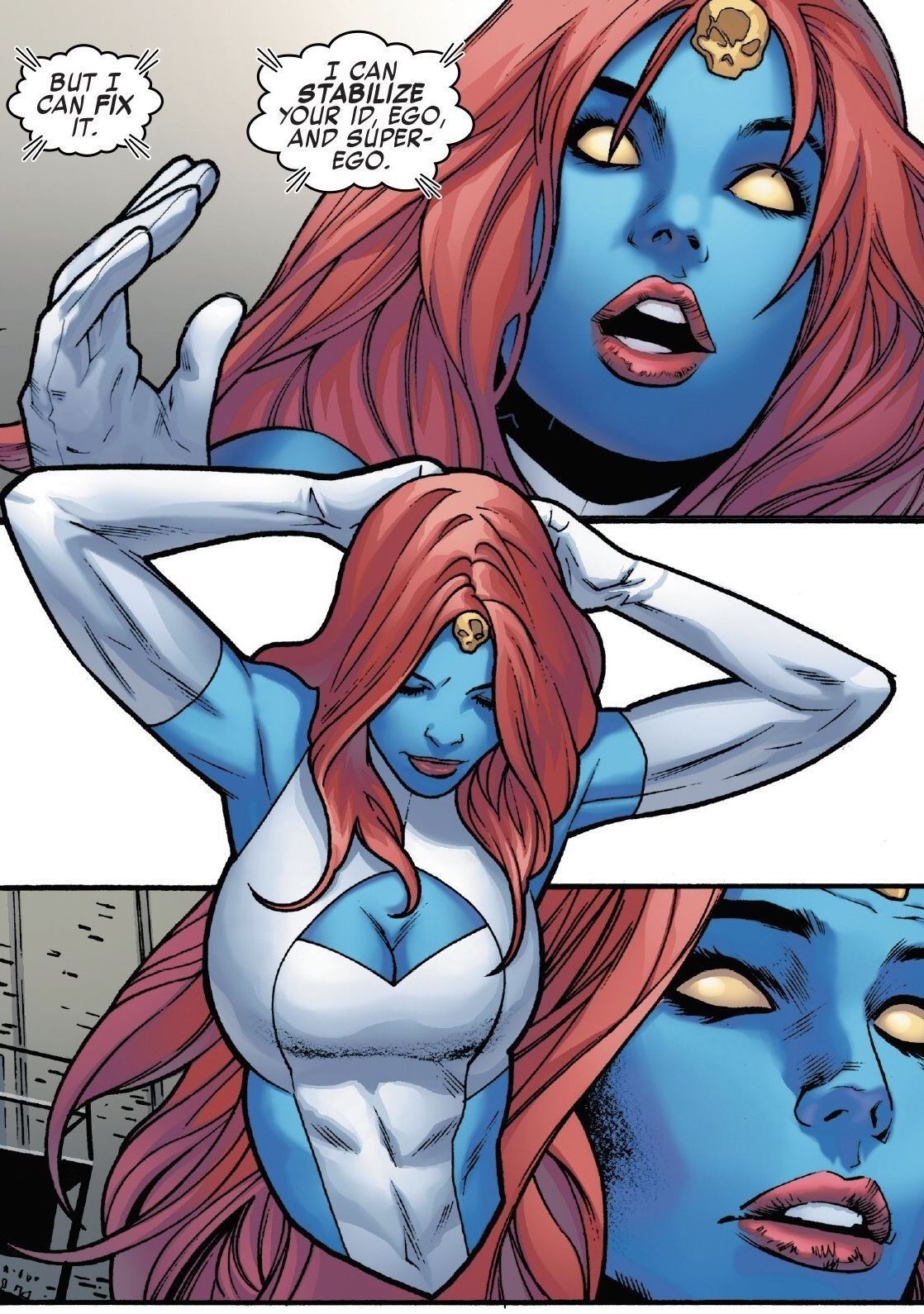 Mystique comic panels, blue skin and red hair