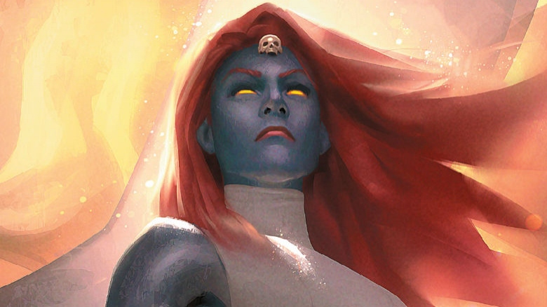 Mystique in her true form: blue skin, yellow eyes, red hair, comic art