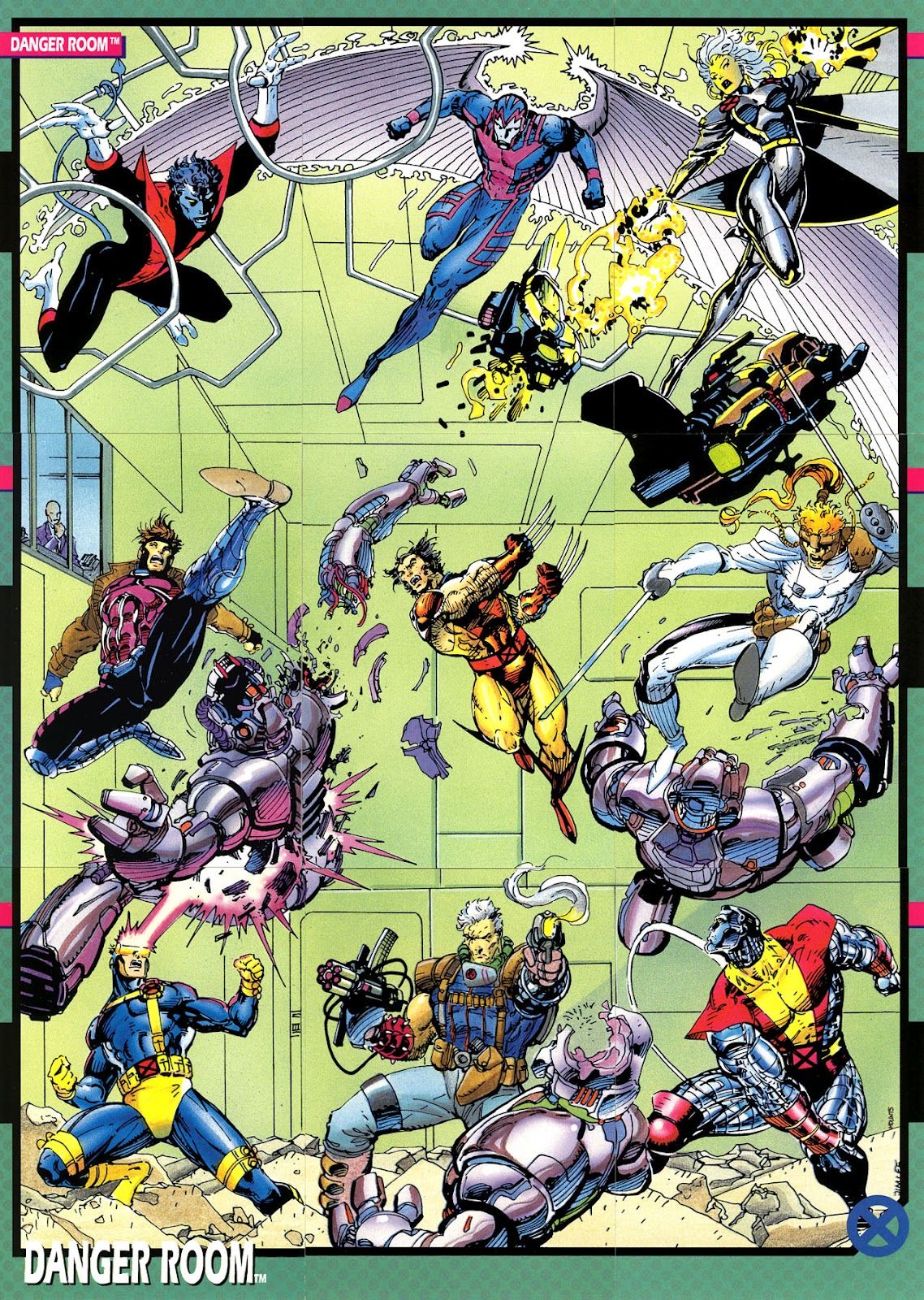 The X-Men training in the Danger Room, comic poster art, Professor X watching from the control booth