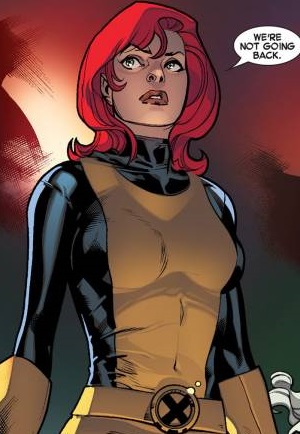 Young Jean Grey in her early X-Men uniform, comic panel