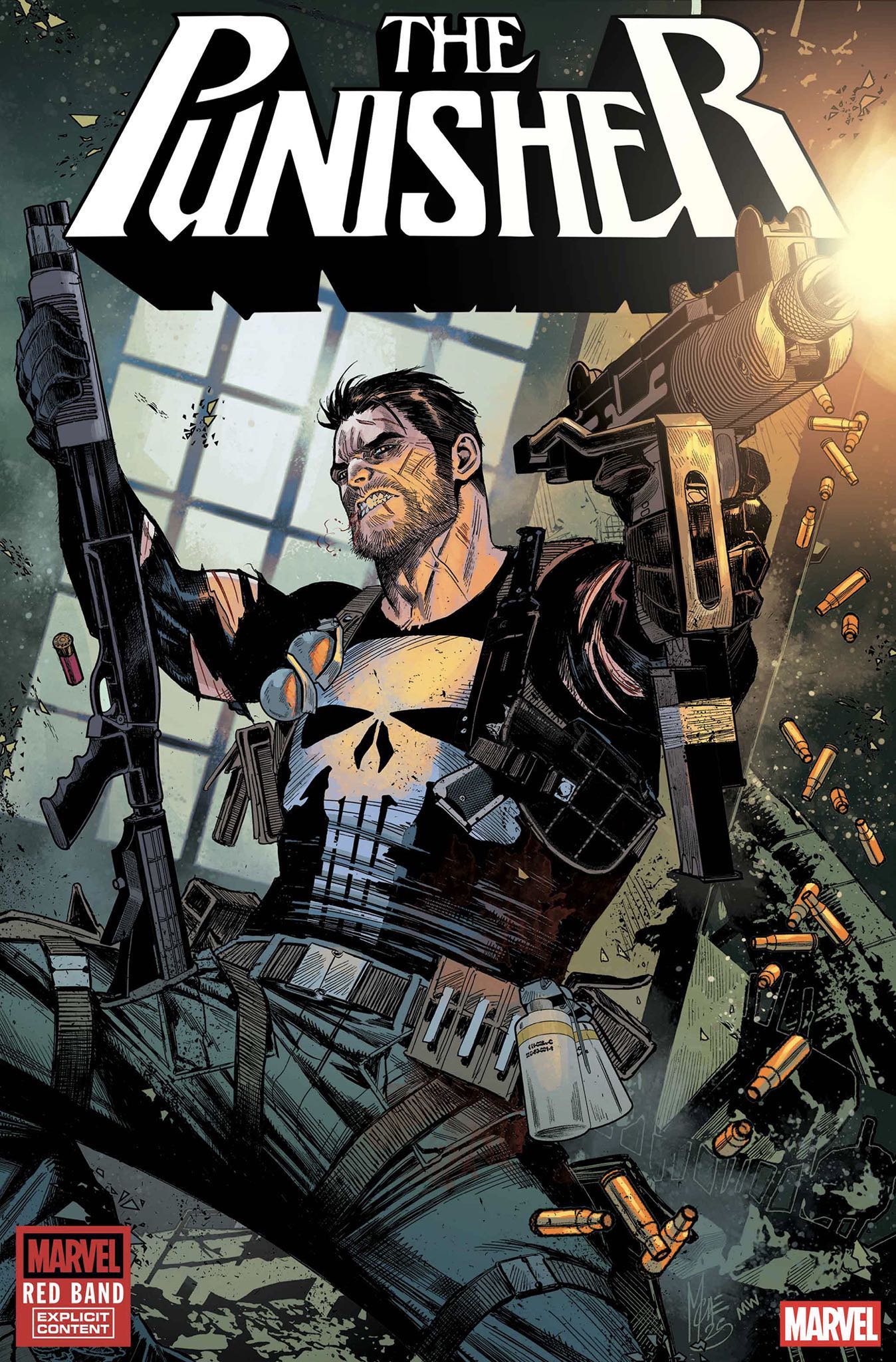 The Punisher: Red Band #1 cover art, Frank Castle firing amid shell casings