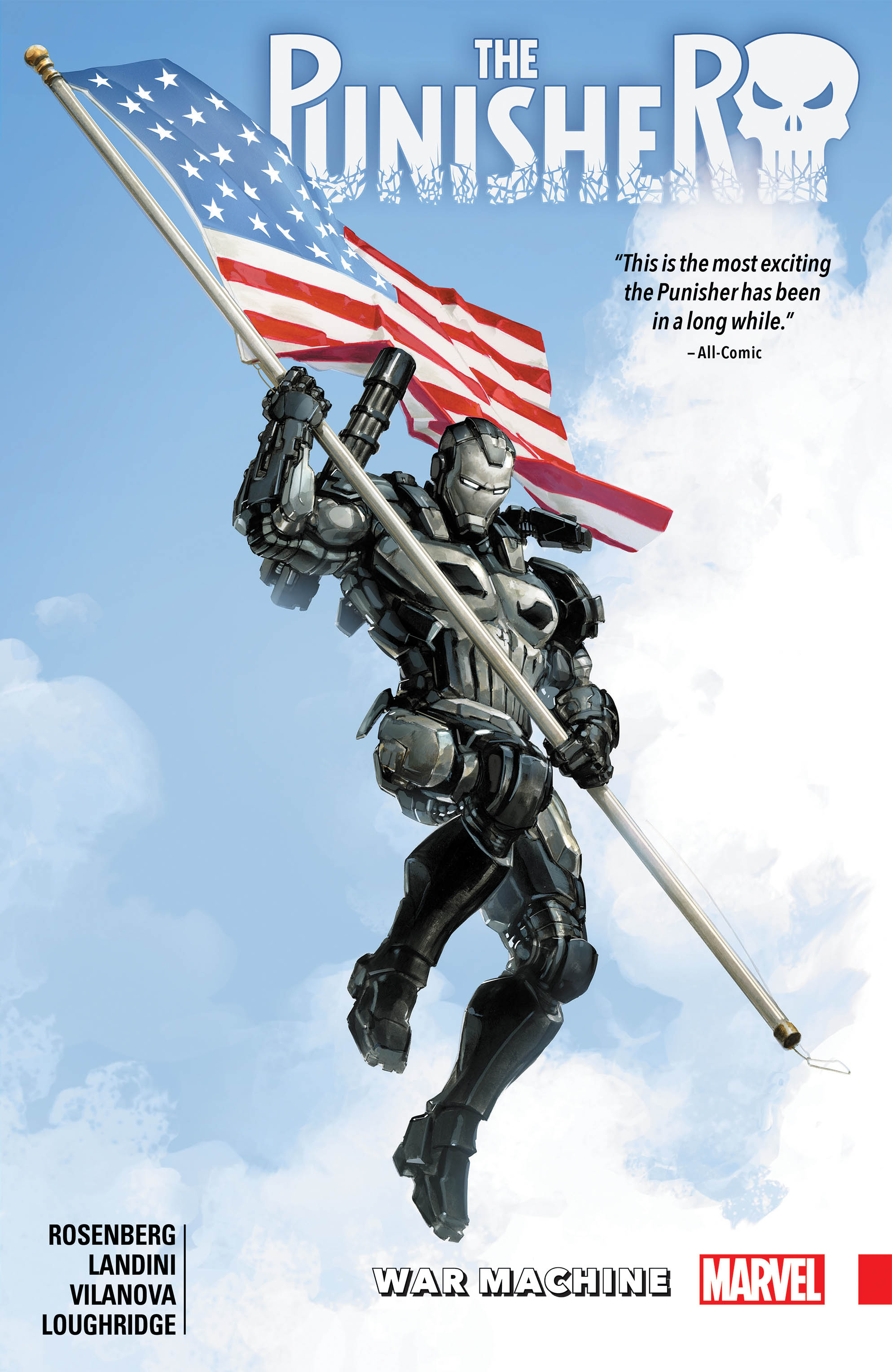 War Machine collected edition cover art, Frank Castle in War Machine armor flying while holding an American flag