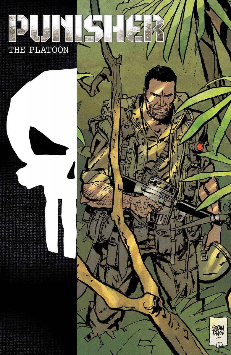 Punisher: The Platoon cover art — young Frank Castle as a Marine in the jungle, rifle in hand, beside the skull emblem
