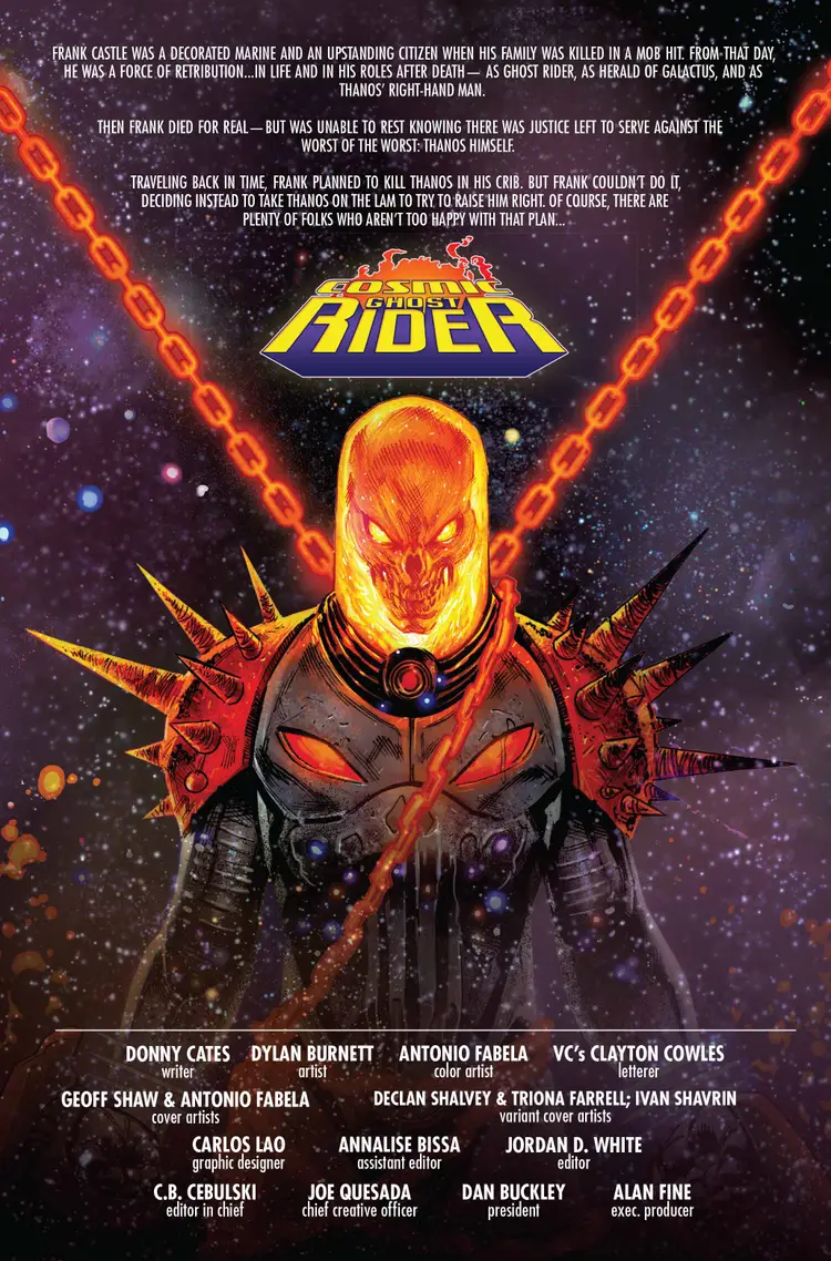 Cosmic Ghost Rider credits page art, flaming skull and chains