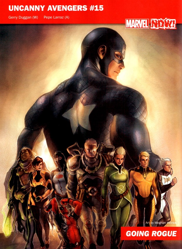 Uncanny Avengers vol. 3 #15 cover by Meghan Hetrick, bannered GOING ROGUE: Rogue standing front and center in green with Deadpool, Cable, Human Torch, Wasp, Doctor Voodoo, Synapse, and Quicksilver, Captain America looming behind