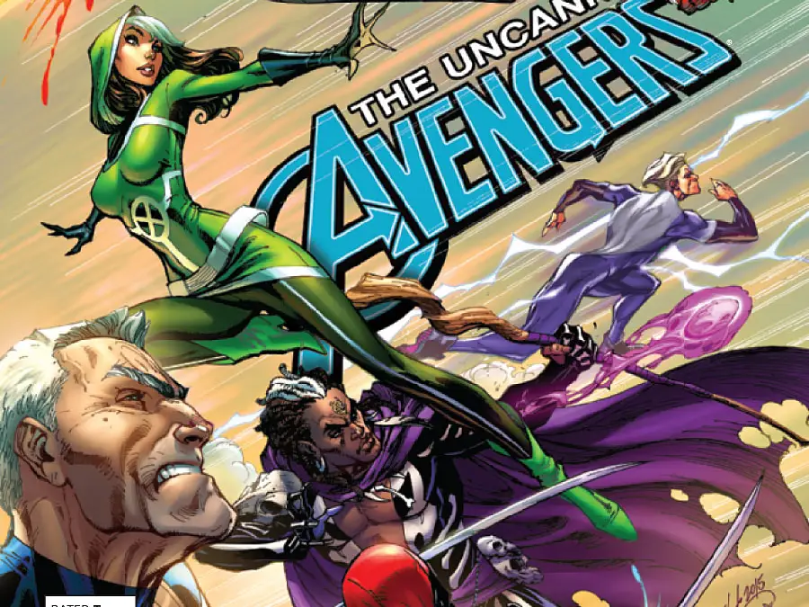 The Uncanny Avengers (2015) cover art: Rogue in green leaping at the front, with Quicksilver and Doctor Voodoo behind her and an aged Steve Rogers in the foreground