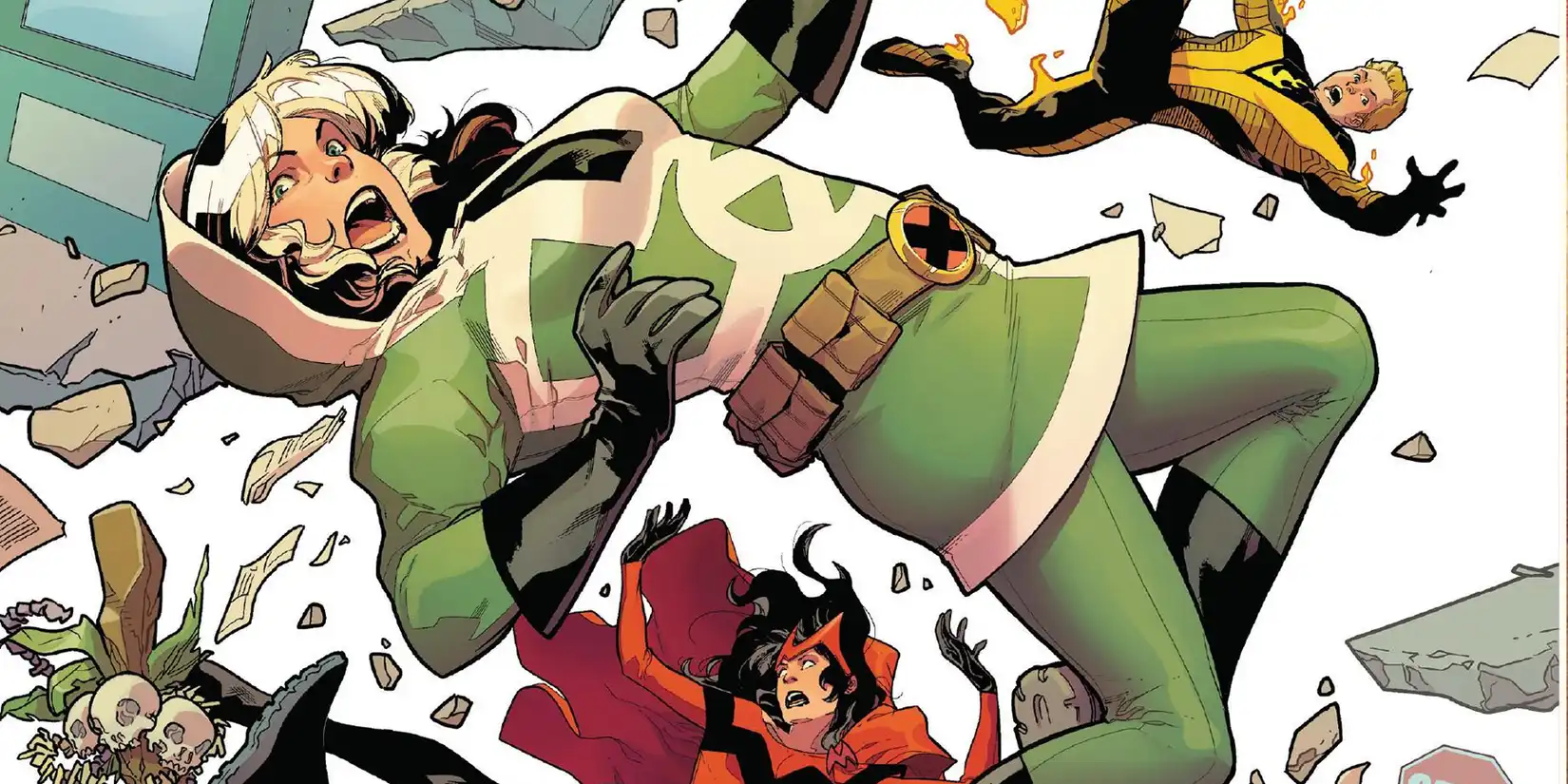 Interior art from Uncanny Avengers: Rogue in her green-and-white costume flying into battle, with Scarlet Witch below and Human Torch above