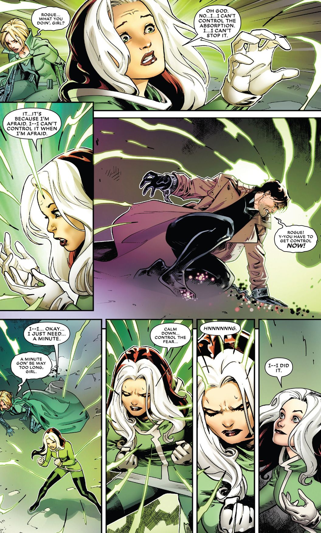 Rogue struggling to control her absorption powers comic panel