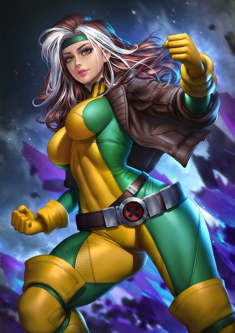 Rogue comic art in green and gold costume