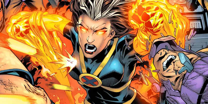 Rogue with flaming fists and glowing eyes, comic panel