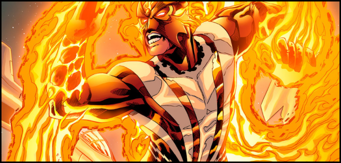 Sunfire comic art wreathed in flame