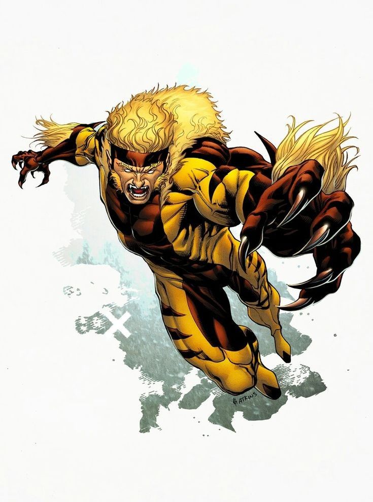 Classic Sabretooth character art (signed Atkins): Victor Creed lunging with claws out, flowing blond mane and fangs