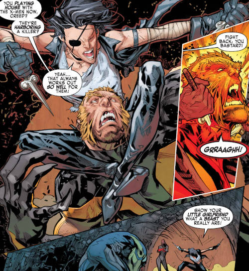 Comic panel in which an attacker taunts Sabretooth: 'You playing house with the X-Men now, creep? They're harboring a killer?'