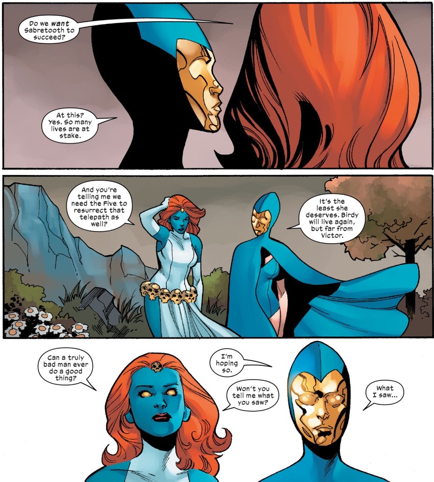 Mystique and Destiny discussing Birdy's resurrection comic panel
