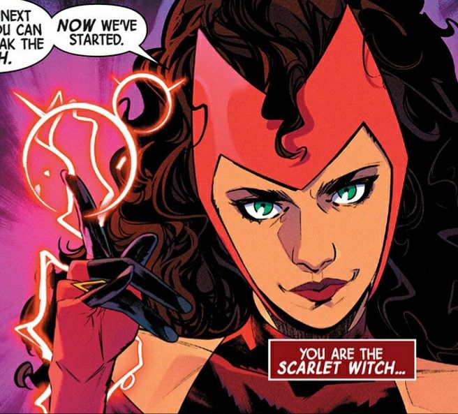 Scarlet Witch close-up with hex energy at her fingertips