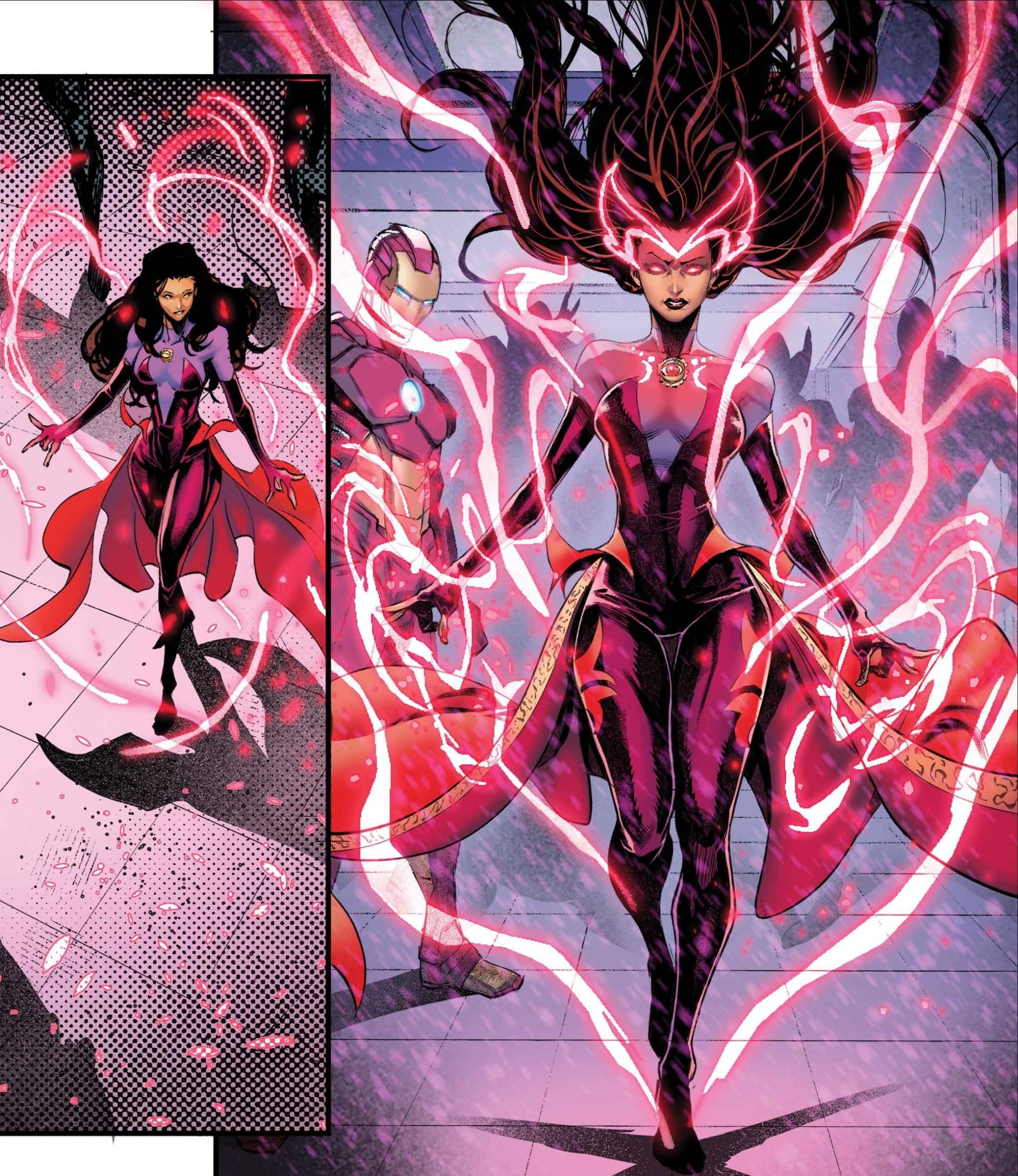Scarlet Witch wreathed in red chaos magic with Iron Man behind her