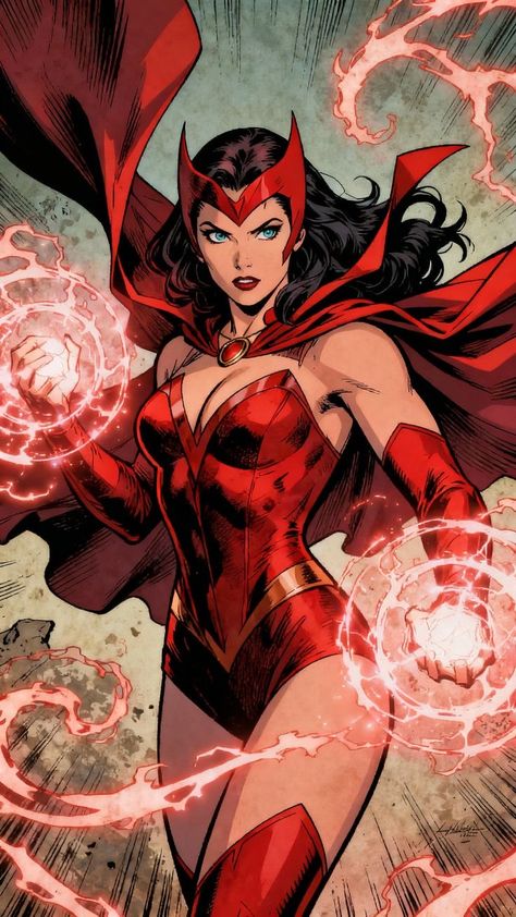 Scarlet Witch in her classic costume with hex spheres at her hands