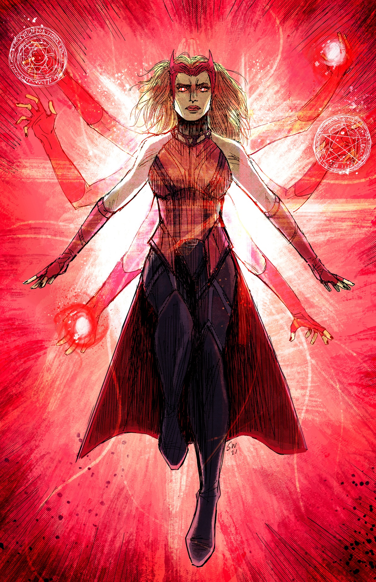 Scarlet Witch floating amid red chaos magic and mystic sigils