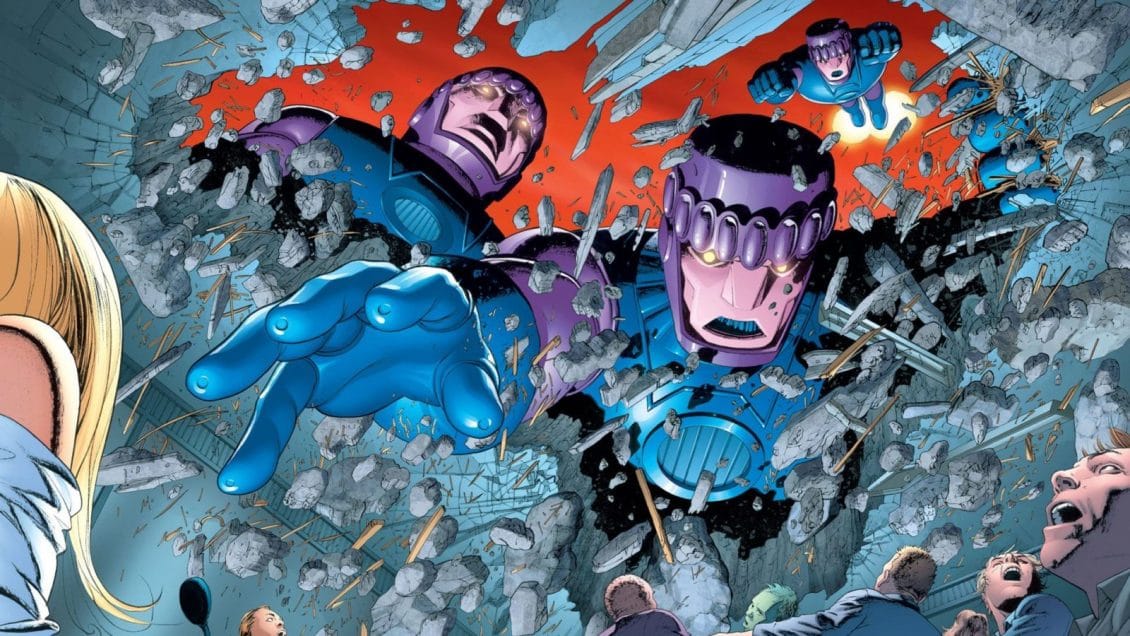 Sentinels smashing through debris amid fleeing humans — classic comic art of the mutant-hunting robots in action