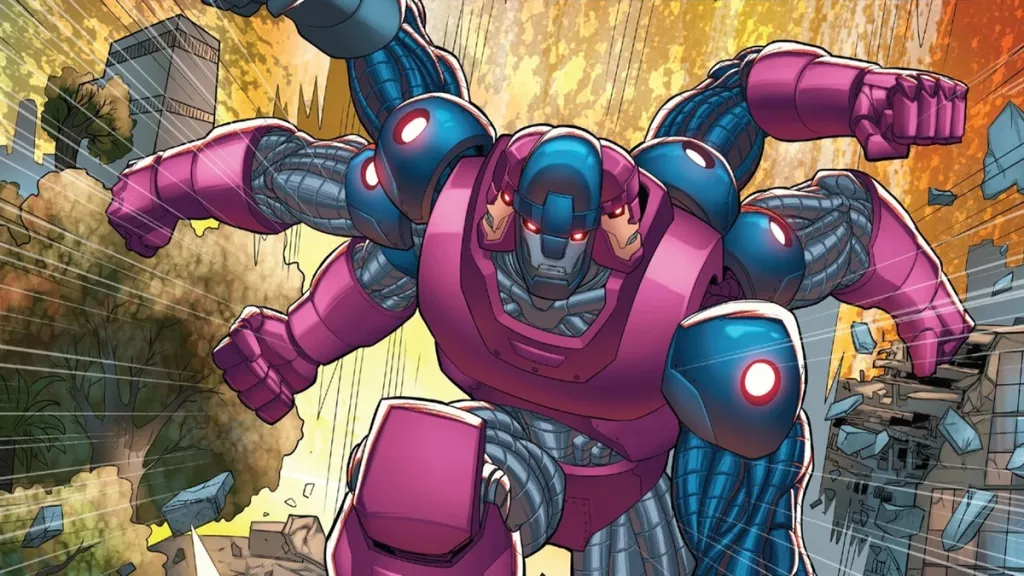 The Tri-Sentinel, a three-faced, six-armed Sentinel, smashing through a city