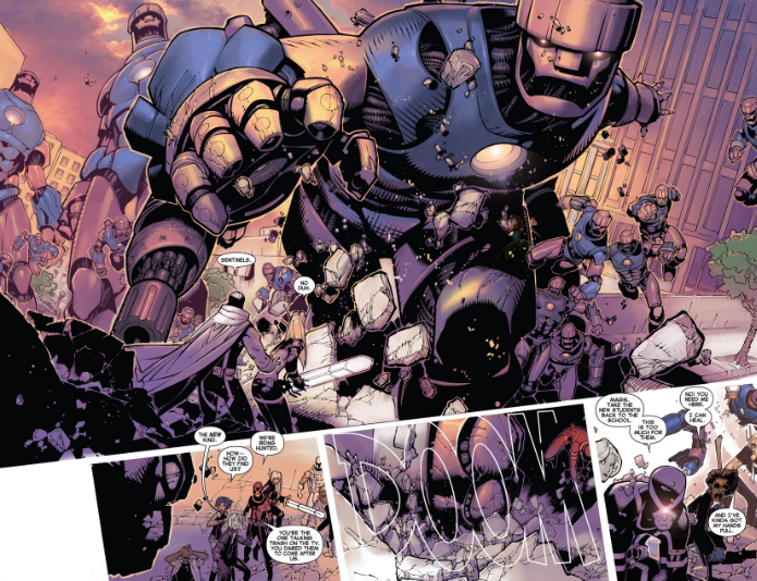 Comic art of a giant Sentinel robot towering over a city