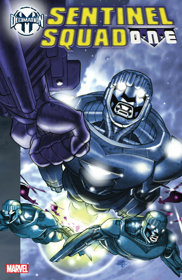 Sentinel Squad O.N.E. issue 1 cover with giant purple Sentinels